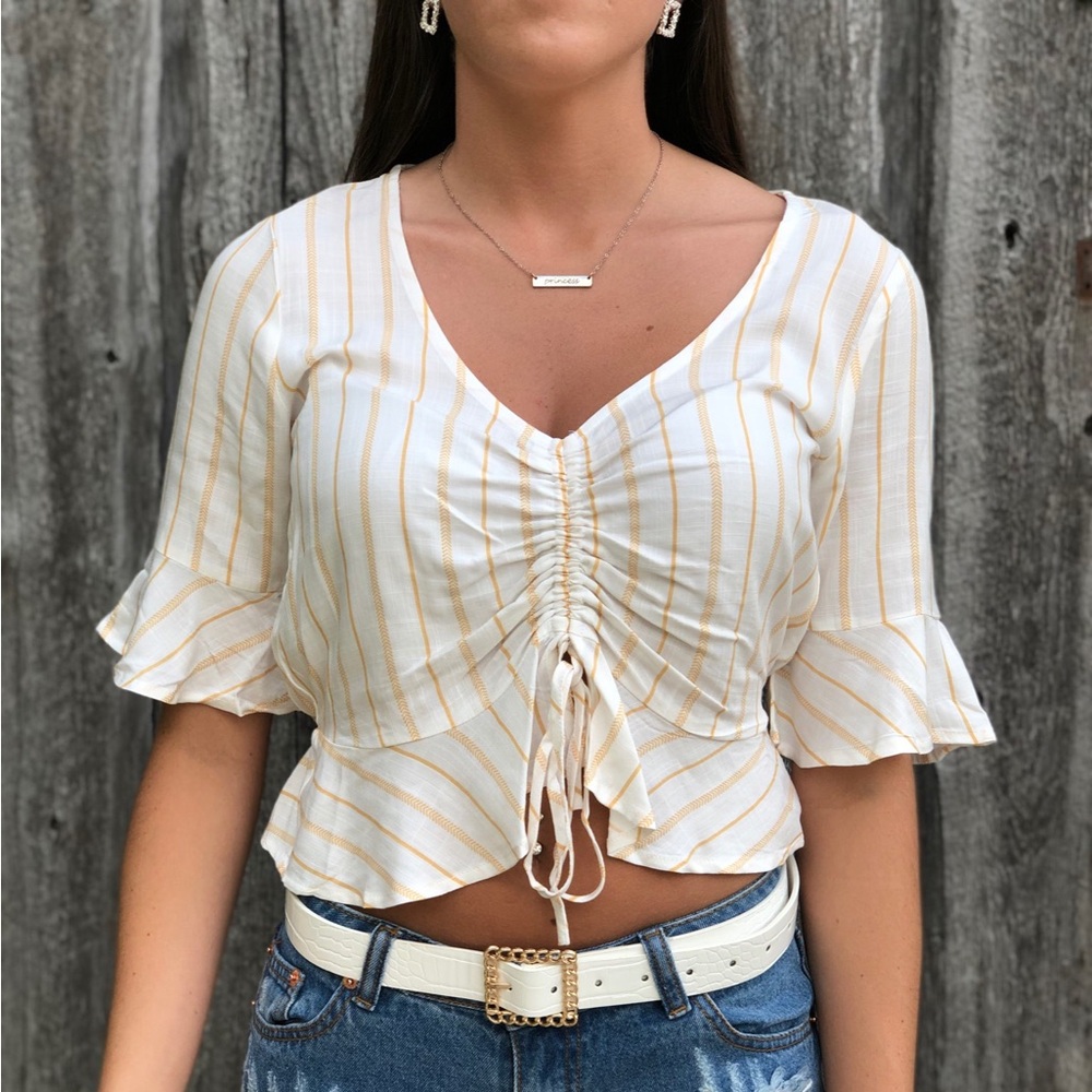 Yellow Stripe Mid Sleeve Cinch Tie Front Lightweight Crop Top